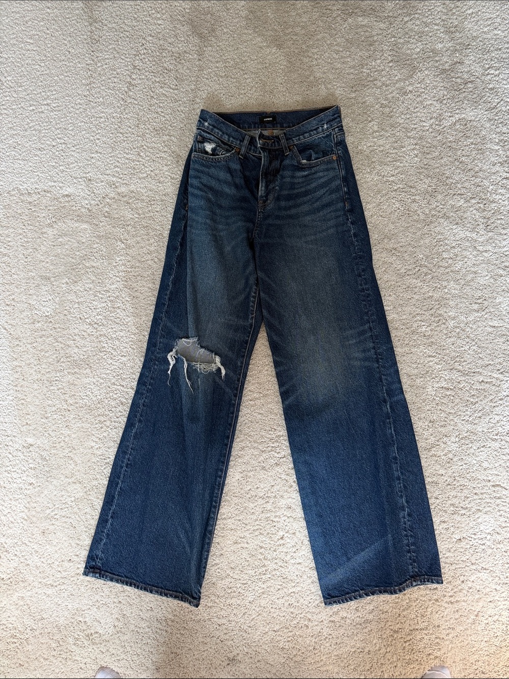 Express Dark Blue Wide-Leg Distressed Knee Jeans